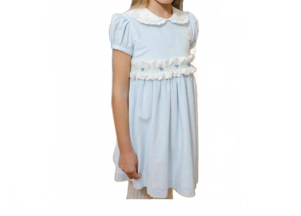 NEW SAL & PIMENTA girl's velvet dress with smocked sash in light blue